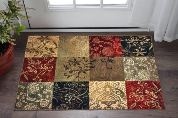 3' X 5' Beige Deep Red Black And Moss Green Geometric Power Loom Stain Resistant Area Rug