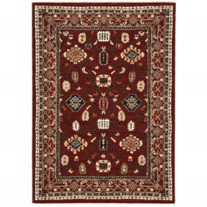 5' X 8' Red And Black Oriental Power Loom Area Rug With Fringe