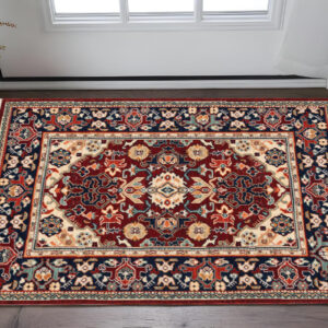 2' X 3' Red Blue Orange And Beige Oriental Power Loom Stain Resistant Area Rug With Fringe