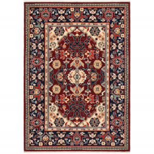 10' X 13' Red Blue Orange And Beige Oriental Power Loom Stain Resistant Area Rug With Fringe