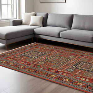 10' X 13' Red Blue And Black Oriental Area Rug With Fringe