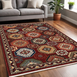 5' X 8' Red Blue And Black Oriental Area Rug With Fringe