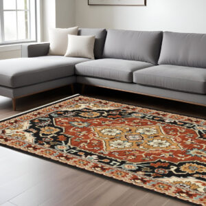 7' X 10' Black And Red Oriental Area Rug With Fringe