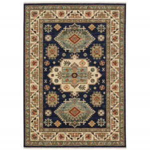 3' X 5' Navy Charcoal Orange Rust Gold Pale Blue Olive Beige And Salmon Oriental Power Loom Stain Resistant Area Rug With Fringe