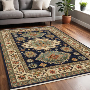 5' X 8' Blue and Beige Oriental Power Loom Area Rug With Fringe