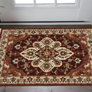 2' X 3' Red Ivory Orange And Blue Oriental Power Loom Stain Resistant Area Rug With Fringe