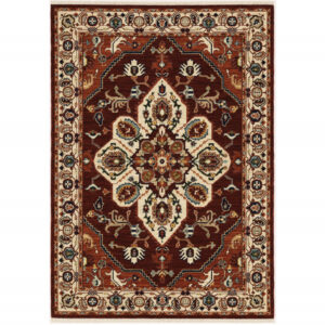 5' X 8' Red Ivory Orange And Blue Oriental Power Loom Stain Resistant Area Rug With Fringe
