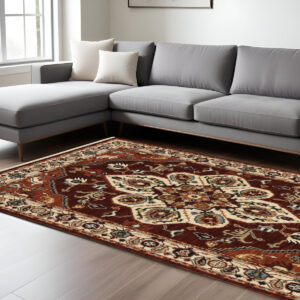 7' X 10' Red And Ivory Oriental Area Rug With Fringe