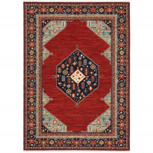 6' X 9' Blue And Red Oriental Power Loom Area Rug With Fringe