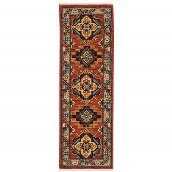 2' X 6' Red Gold Blue Brown Oriental Power Loom Stain Resistant Runner Rug With Fringe - Image 2