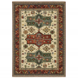 2' X 3' Brick Red Orange Rust Beige Gold Pale Blue Olive Navy And Black Oriental Power Loom Stain Resistant Area Rug With Fringe