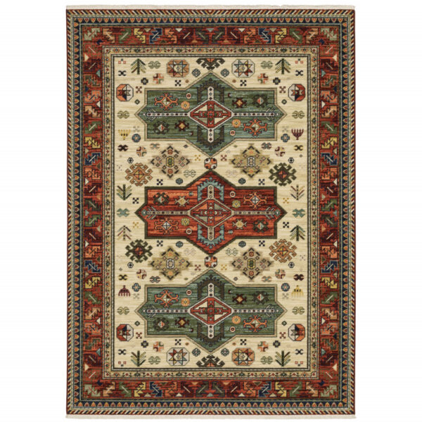 6' X 9' Brick Red Orange Rust Beige Gold Pale Blue Olive Navy And Black Oriental Power Loom Stain Resistant Area Rug With Fringe