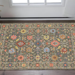 2' X 3' Gray Blue And Orange Oriental Area Rug With Fringe