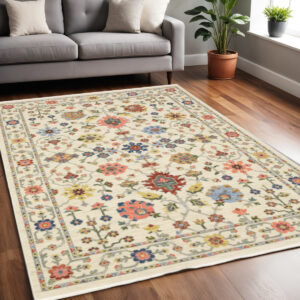 5' X 8' Ivory Blue And Red Oriental Area Rug With Fringe