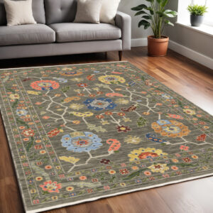 5' X 8' Gray Blue And Red Oriental Area Rug With Fringe