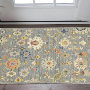 3' X 5' Grey Ivory Gold Salmon Red Blue And Green Oriental Power Loom Stain Resistant Area Rug With Fringe
