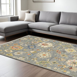 8' X 11' Gray Ivory And Blue Oriental Area Rug With Fringe