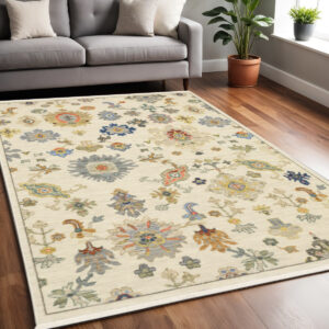 5' X 8' Ivory Beige And Blue Oriental Area Rug With Fringe