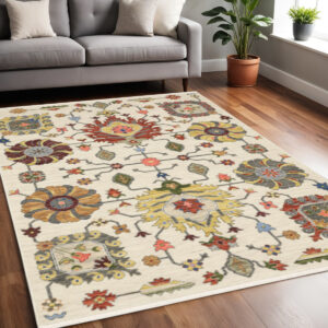 5' X 8' Ivory Blue And Red Oriental Area Rug With Fringe