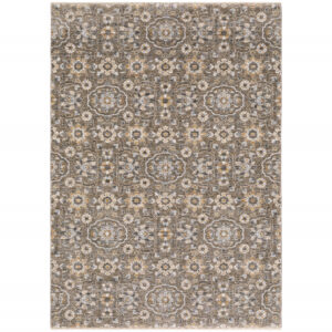2' X 3' Grey And Tan Floral Power Loom Stain Resistant Area Rug With Fringe