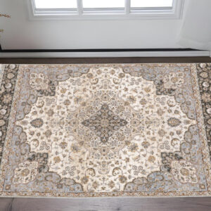 2' X 3' Ivory And Blue Oriental Power Loom Stain Resistant Area Rug With Fringe