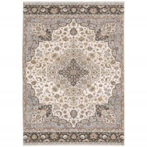 5' X 8' Ivory And Blue Oriental Power Loom Stain Resistant Area Rug With Fringe