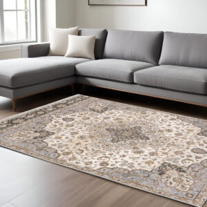 7' X 10' Ivory And Blue Oriental Area Rug With Fringe