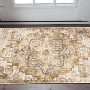 2' X 3' Gold And Brown Oriental Distressed Area Rug With Fringe