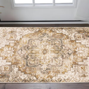 3' X 5' Gold And Ivory Oriental Power Loom Stain Resistant Area Rug With Fringe