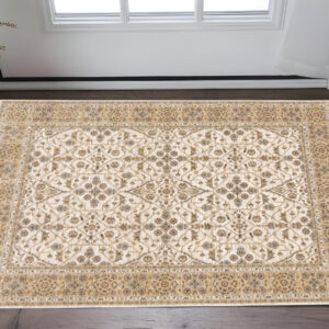 2' X 3' Ivory And Gold Oriental Power Loom Stain Resistant Area Rug With Fringe