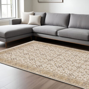 8' X 11' Ivory And Gold Oriental Area Rug With Fringe