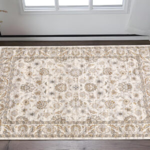 2' X 3' Ivory And Grey Oriental Power Loom Stain Resistant Area Rug With Fringe