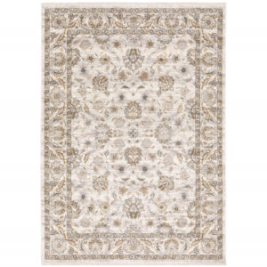 5' X 8' Ivory And Grey Oriental Power Loom Stain Resistant Area Rug With Fringe