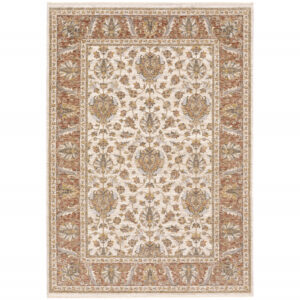 5' X 8' Rust And Ivory Oriental Power Loom Stain Resistant Area Rug With Fringe