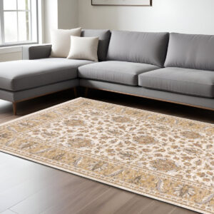 10' X 13' Ivory And Gold Oriental Area Rug With Fringe