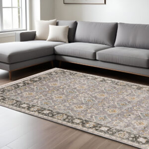 8' X 11' Gray And Blue Oriental Distressed Area Rug With Fringe
