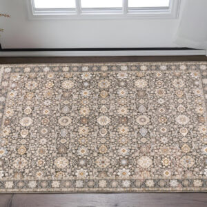 2' X 3' Grey And Ivory Oriental Power Loom Stain Resistant Area Rug With Fringe