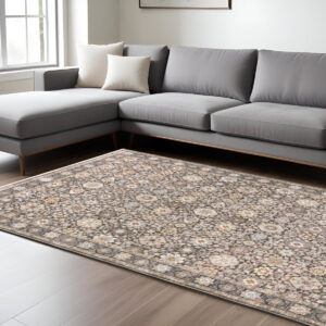 7' X 10' Charcoal And Ivory Oriental Area Rug With Fringe