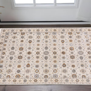 2' X 3' Ivory And Gold Oriental Power Loom Stain Resistant Area Rug With Fringe