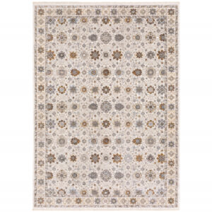 5' X 8' Ivory And Gold Oriental Power Loom Stain Resistant Area Rug With Fringe