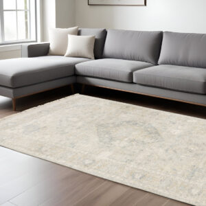 10' X 13' Beige And Charcoal Oriental Hand Loomed Distressed Area Rug With Fringe