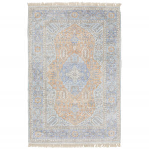 5' X 8' Blue And Red Oriental Hand Loomed Stain Resistant Area Rug With Fringe