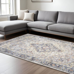 9' X 12' Blue And Gold Oriental Distressed Area Rug