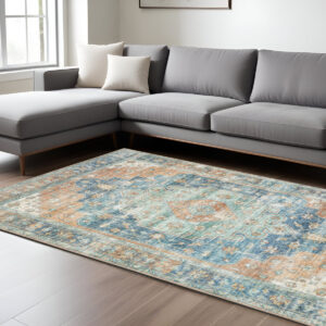 9' X 12' Rust And Blue Oriental Distressed Area Rug