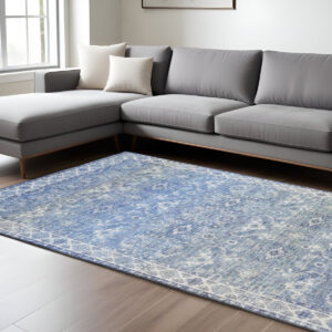 9' X 12' Blue And Ivory Oriental Distressed Area Rug