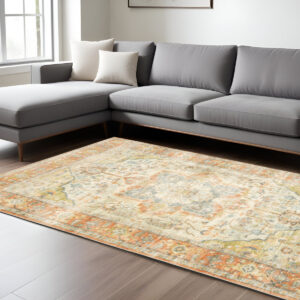 8' X 10' Orange And Blue Abstract Distressed Area Rug