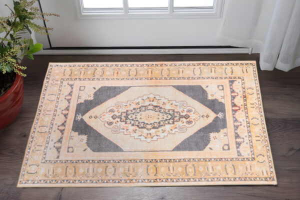 2' X 3' Grey And Gold Oriental Power Loom Stain Resistant Area Rug