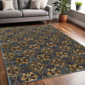 5' X 7' Blue And Gold Oriental Area Rug