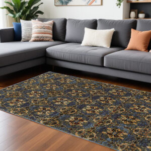 7' X 10' Blue and Gold Oriental Power Loom Area Rug