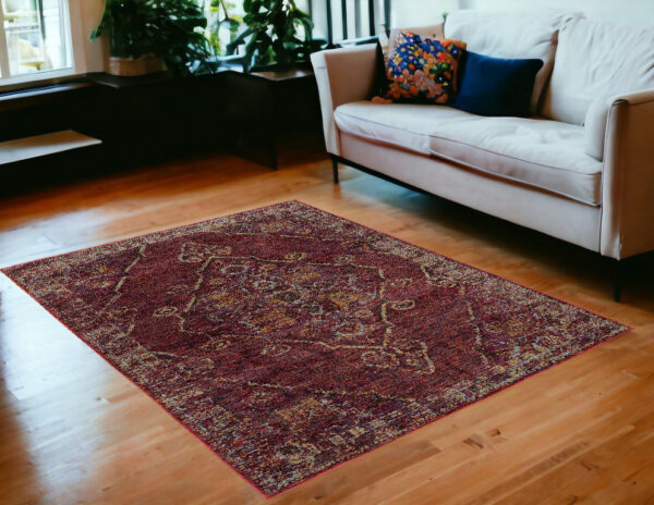 5' X 7' Red and Gold Oriental Power Loom Area Rug